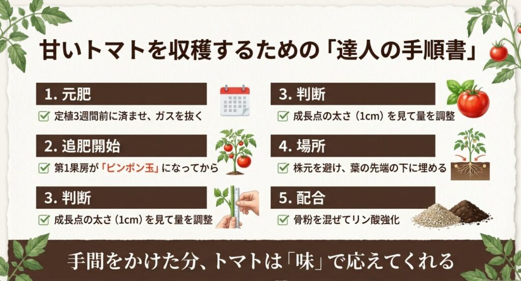 元肥の時期、追肥の判断、場所、配合など、甘いトマトを作るための重要なポイントをまとめたチェックリスト