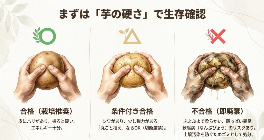 種芋を握って硬さを確認するイラスト。皮にハリがあり硬いなら合格、シワがあれば条件付き合格、ぶよぶよで柔らかい場合は廃棄対象。