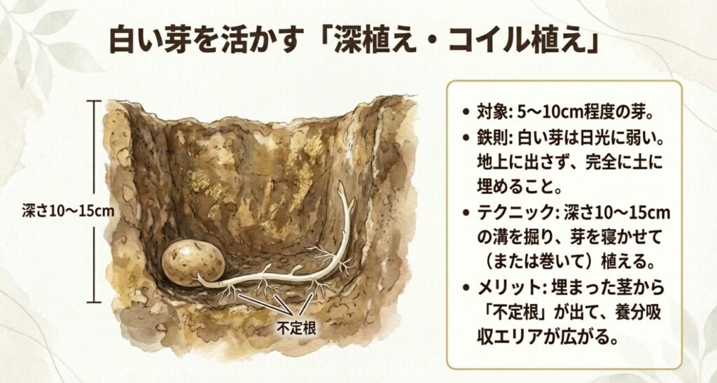 伸びた白い芽を活かす深植えとコイル植えのイラスト。深さ10〜15cmの溝に芽を寝かせて植え、不定根を発生させるテクニック。