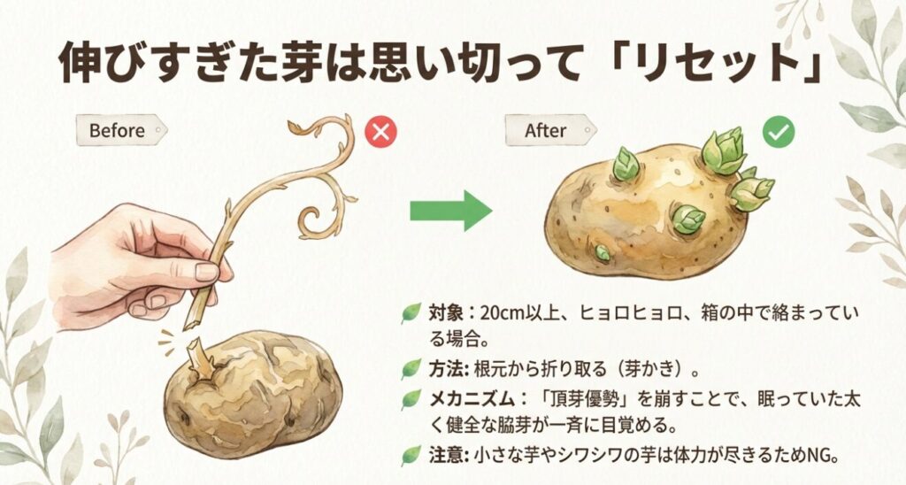 20cm以上に伸びたジャガイモの芽を根元から折り取るリセット方法のイラスト解説。頂芽優勢を崩して脇芽を目覚めさせる。