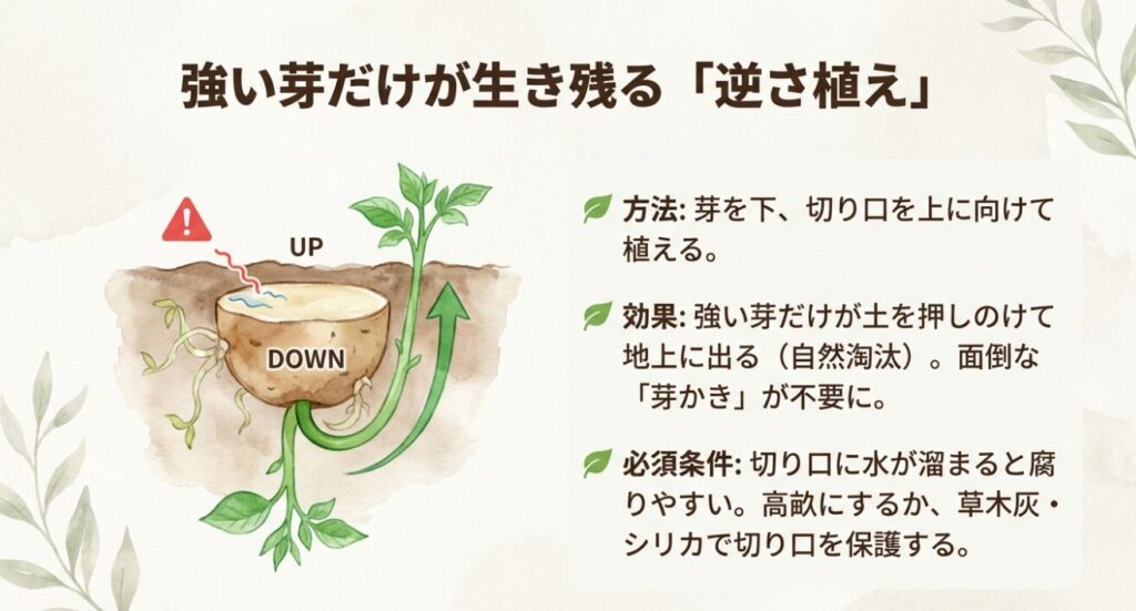 ジャガイモの逆さ植えのイラスト。芽を下、切り口を上に向けて植えることで、強い芽だけを自然淘汰で地上に出す方法。
