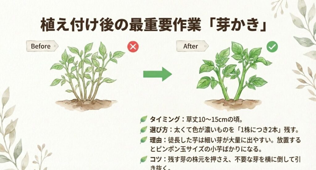 ジャガイモの芽かき作業のビフォーアフターイラスト。草丈10〜15cmの頃に太い芽を2本残して、不要な芽を横に倒して引き抜く方法。