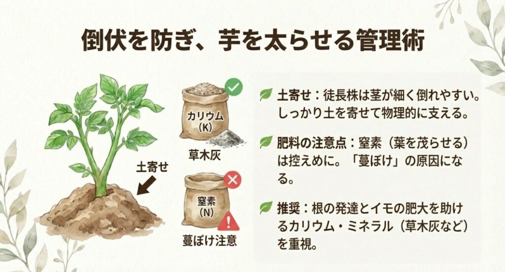 ジャガイモ栽培の肥料管理イラスト。窒素を控えてカリウム（草木灰など）を重視し、土寄せで倒伏を防ぐ管理術。