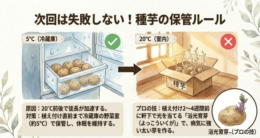 次回失敗しないための種芋保管ルール。20度前後で徒長が加速するため、5度の冷蔵庫で保管し、浴光育芽を行うことを推奨するイラスト。