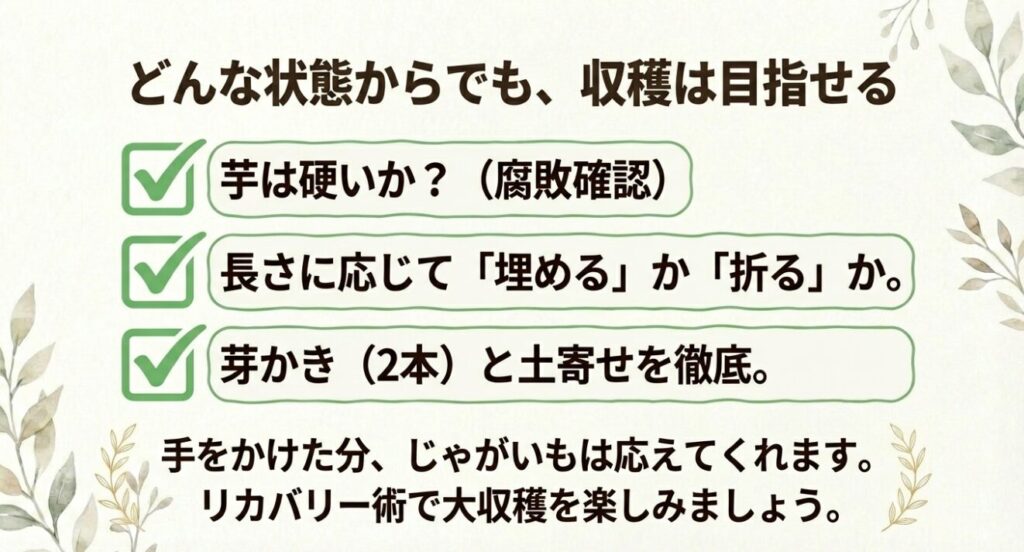 どんな状態からでも収穫を目指すためのまとめイラスト。硬さの確認、芽の長さに応じた植え方、丁寧な管理でリカバリーする手順の総括。