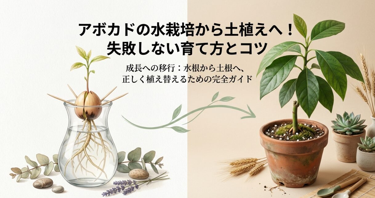 アボカドの水栽培から土植えへの植え替え完全ガイドの表紙イラスト