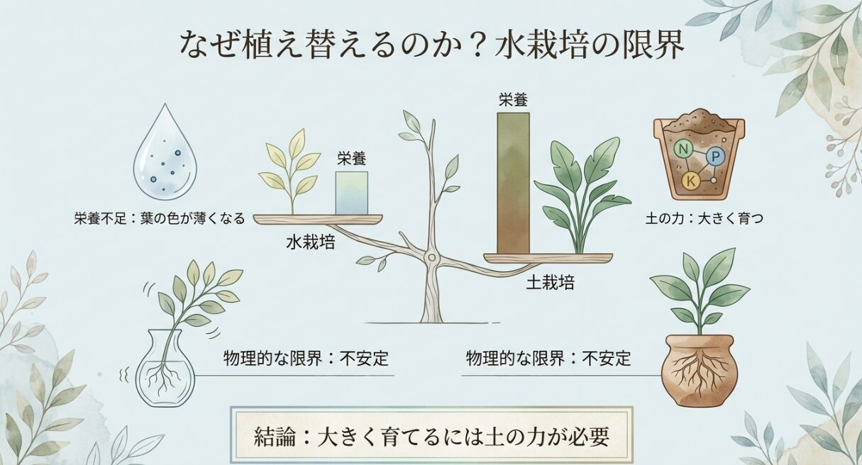 水栽培の栄養不足と土栽培の栄養バランス(NPK)の違いを示す比較図