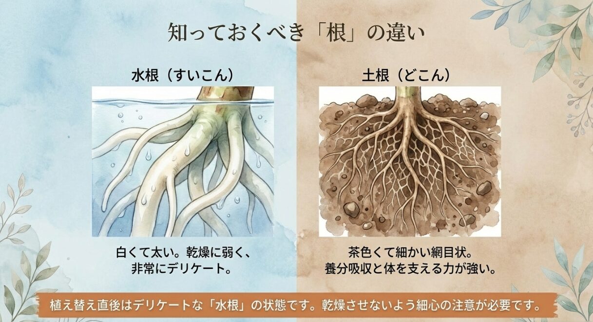 水栽培の「水根」と土栽培の「土根」の形状と性質の違いを解説したイラスト
