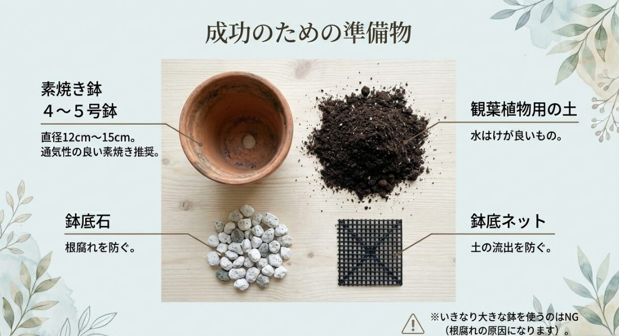 アボカドの植え替えに必要な素焼き鉢・培養土・鉢底石・ネットの準備物一覧