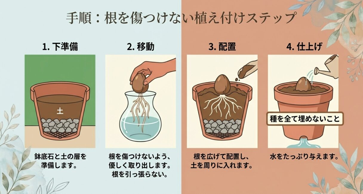 アボカドを傷つけずに鉢へ植え替える手順1から4までの流れとポイント