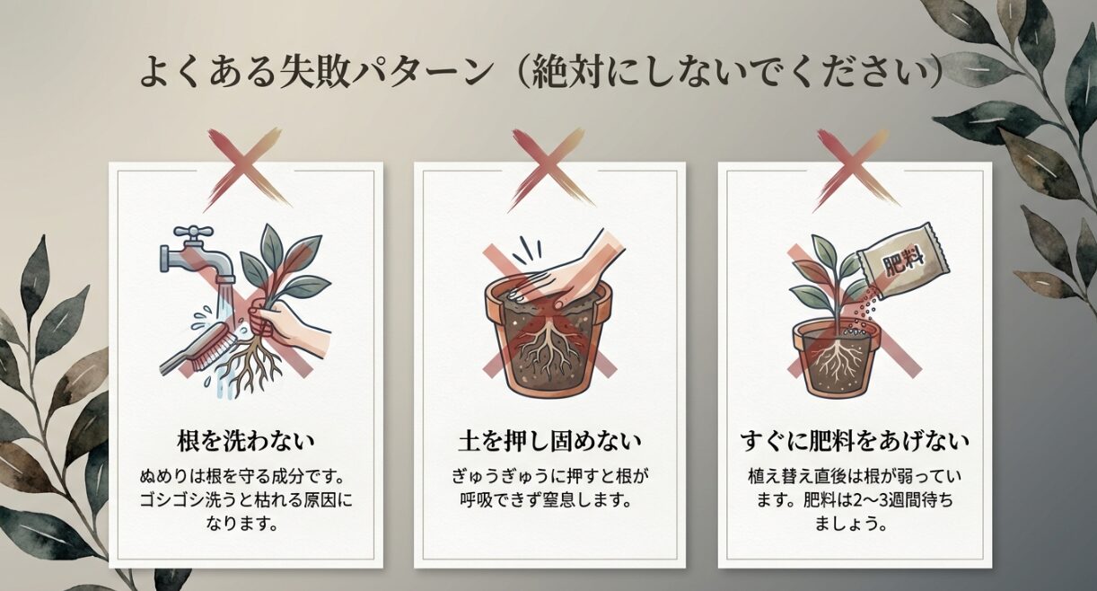 植え替え失敗の原因となる根をブラシで洗う行為と土を押し固めるNG例