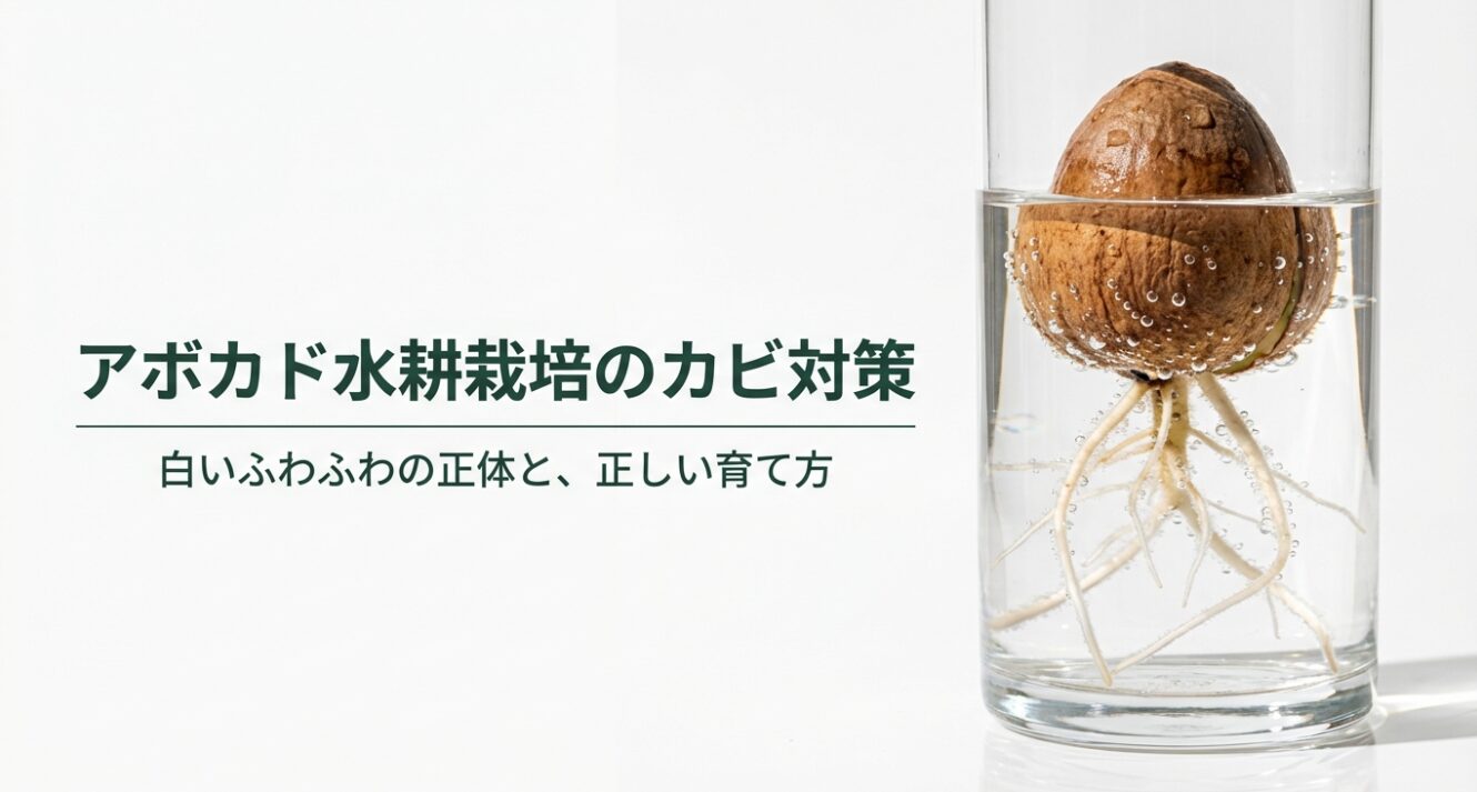 水に入ったアボカドの種から根が出ている水耕栽培の様子