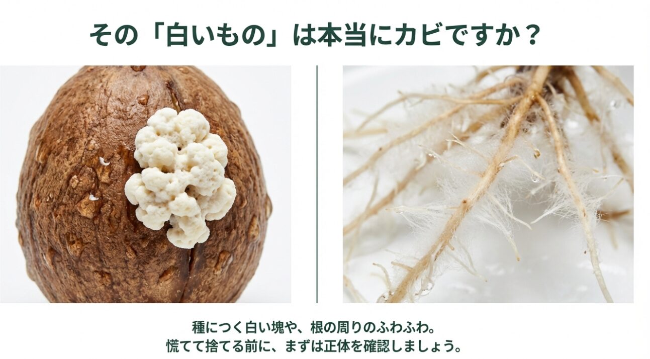 アボカドの種に付着した白い塊と根に生えた白いふわふわしたものの拡大写真