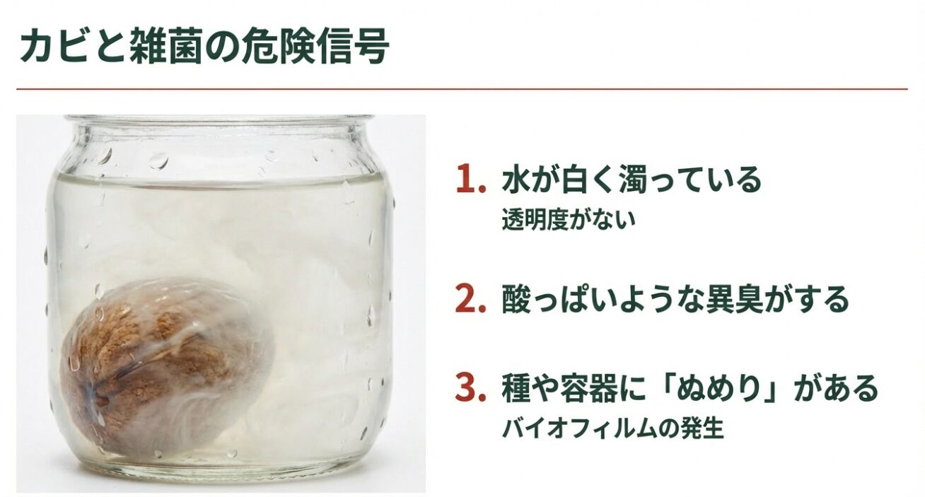 白く濁った水とアボカドの種にぬめりやバイオフィルムが発生している様子