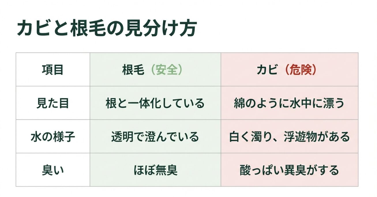 アボカドの根毛（安全）とカビ（危険）の見た目・水・臭いの違いをまとめた比較表