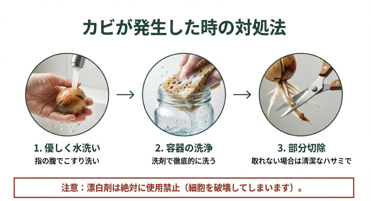 アボカドを優しく水洗いし容器を洗浄、必要に応じて部分切除するカビ対処法の手順