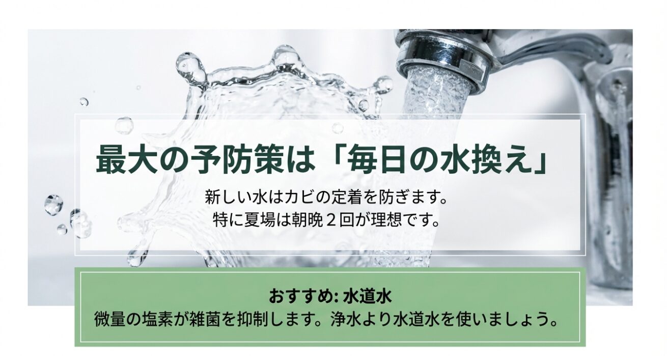 アボカド水耕栽培のカビ予防策として毎日の水換えと水道水の利用を推奨する解説