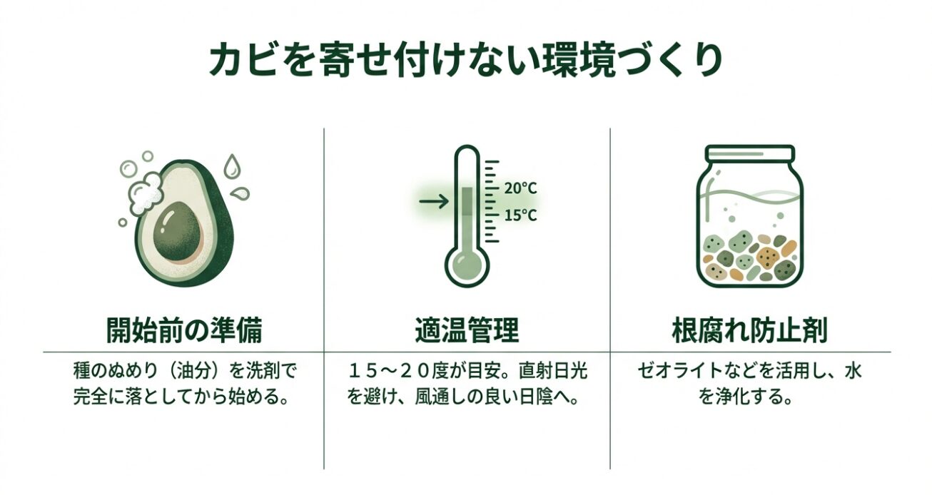 アボカド栽培の適温（15〜20度）、種の洗浄、根腐れ防止剤の活用などの環境対策