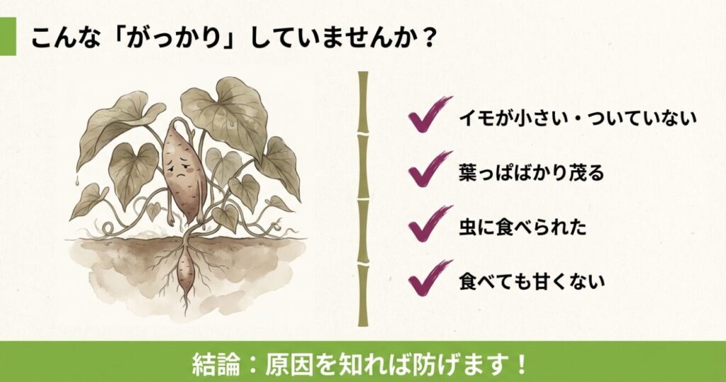 さつまいも栽培で失敗した時の例として、イモが小さい、葉っぱばかり茂る、虫に食べられた、甘くないといった4つの悩みを描いたイラスト。