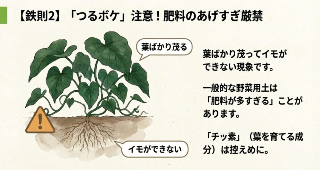 葉っぱばかりが茂り、土の中の根にイモができていない「つるボケ」状態のイラストと、チッ素成分を控えるよう促す注意書き。
