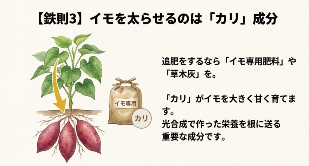 光合成で作った栄養を根に送る役割を持つ「カリ」成分が、さつまいもを大きく甘く育てることを説明するスライド。