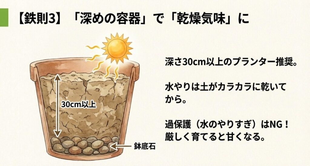 深さ30cm以上のプランターに鉢底石を敷き、土が乾いてから水を与える様子を描いた、さつまいも栽培に適した容器の図解。