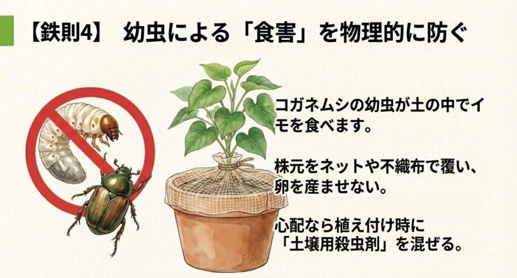 イモを食い荒らすコガネムシの成虫と幼虫に禁止マークを重ね、ネットや不織布で産卵を防ぐよう説明するイラスト。