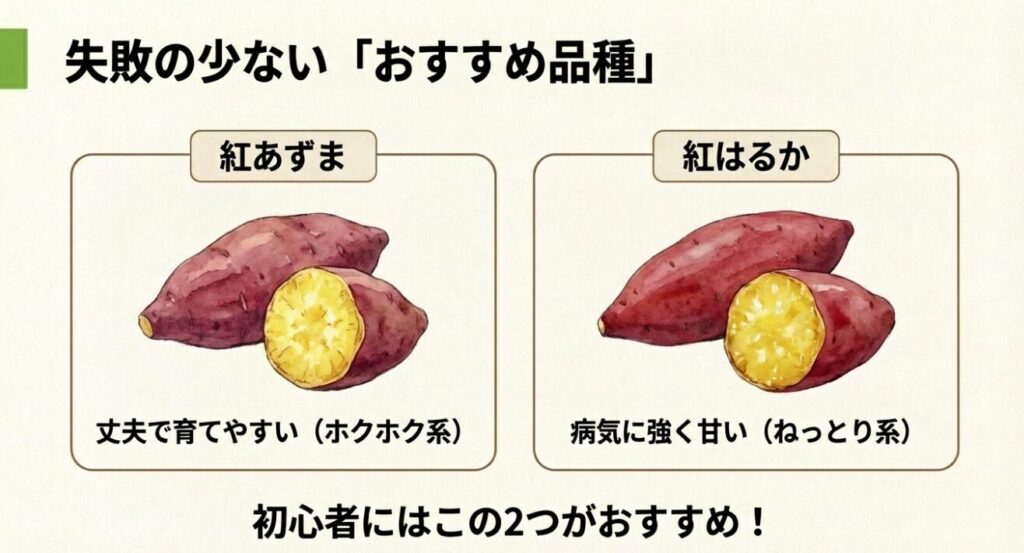 丈夫で育てやすいホクホク系の「紅あずま」と、病気に強く甘いねっとり系の「紅はるか」を紹介する初心者向けスライド。
