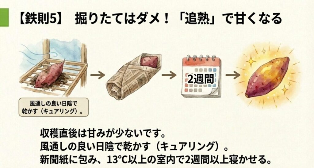収穫後のさつまいもを2週間以上、13度以上の室内で寝かせる「追熟（キュアリング）」の手順を説明したスライド。