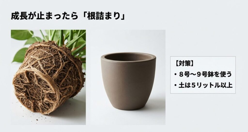 鉢の形に固まって根が回ってしまった大葉の根鉢の写真。対策として8号〜9号鉢と土5リットル以上を推奨するスライド。