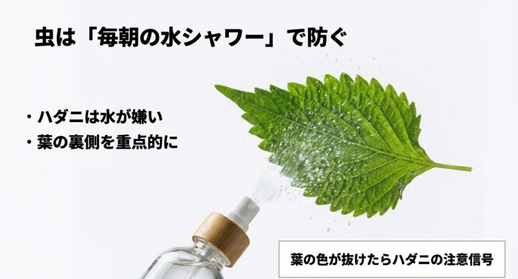 大葉の天敵であるハダニは水が嫌いであること説明し、葉の裏側に重点的に水をかける対策を紹介するスライド。
