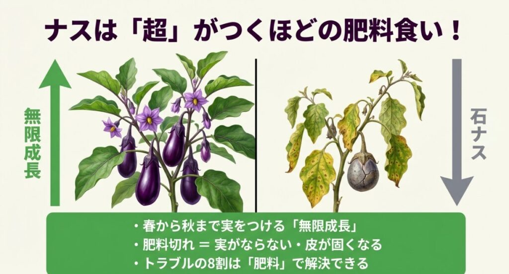 健康に育つナスのイラストと、肥料切れで皮が硬くなった石ナスの比較画像。