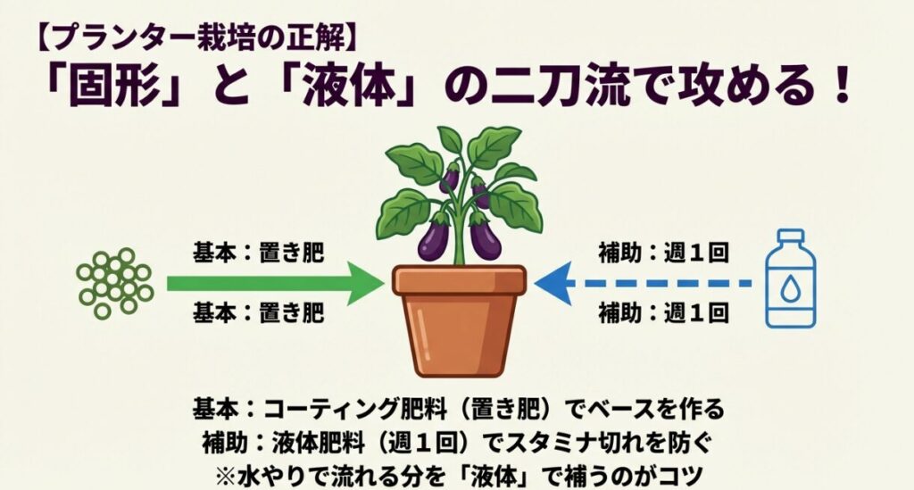 プランター栽培のナスに、置き肥と週1回の液体肥料を組み合わせて与えるハイブリッド管理法の図解。