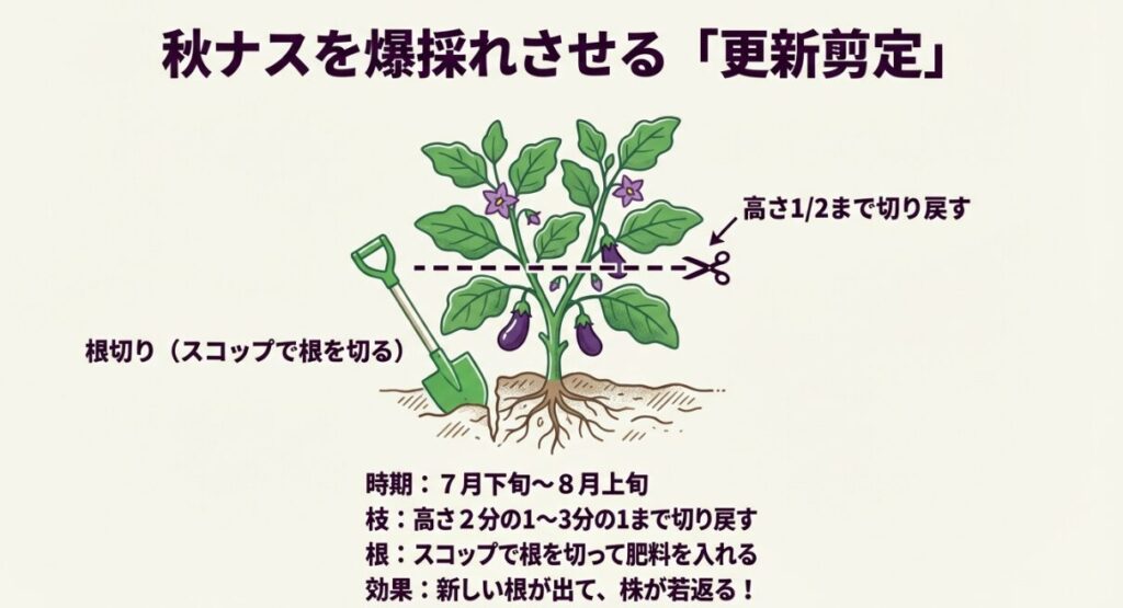 7月下旬から8月上旬に行うナスの切り戻し剪定と、スコップによる根切り作業のイラスト解説。