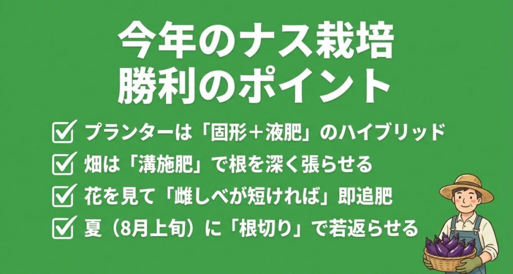 ハイブリッド施肥、溝施肥、花診断、根切りなど、ナス栽培を成功させるための4つの重要ポイントのまとめ。