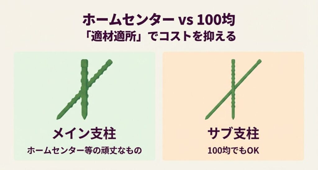 メイン支柱にはホームセンターの頑丈なもの、サブ支柱には100均製品を使うコスト削減と強度のバランス解説