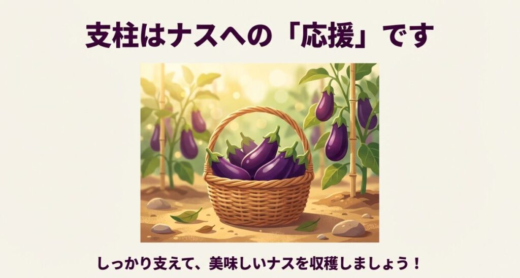 適切な支柱管理によって収穫された、カゴいっぱいの艶やかなナスのイラスト