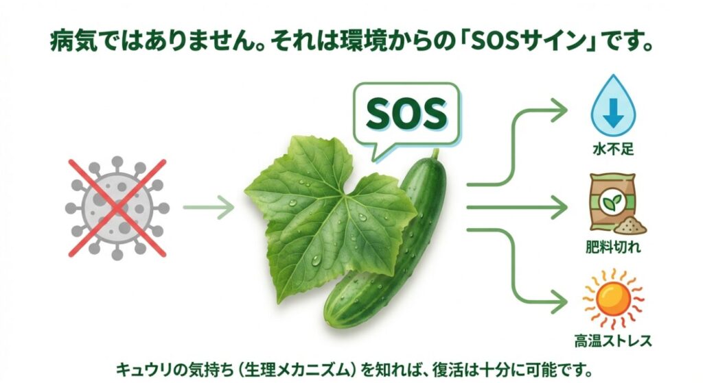 キュウリの実が大きくならない主な原因である水不足、肥料切れ、高温ストレスを示すSOSサインのイラスト
