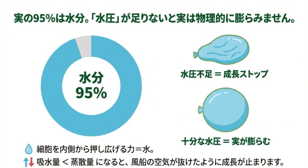 植物細胞の伸長と水圧(膨圧)の関係を風船に例えたイラスト。水分不足でしぼむ様子を解説。