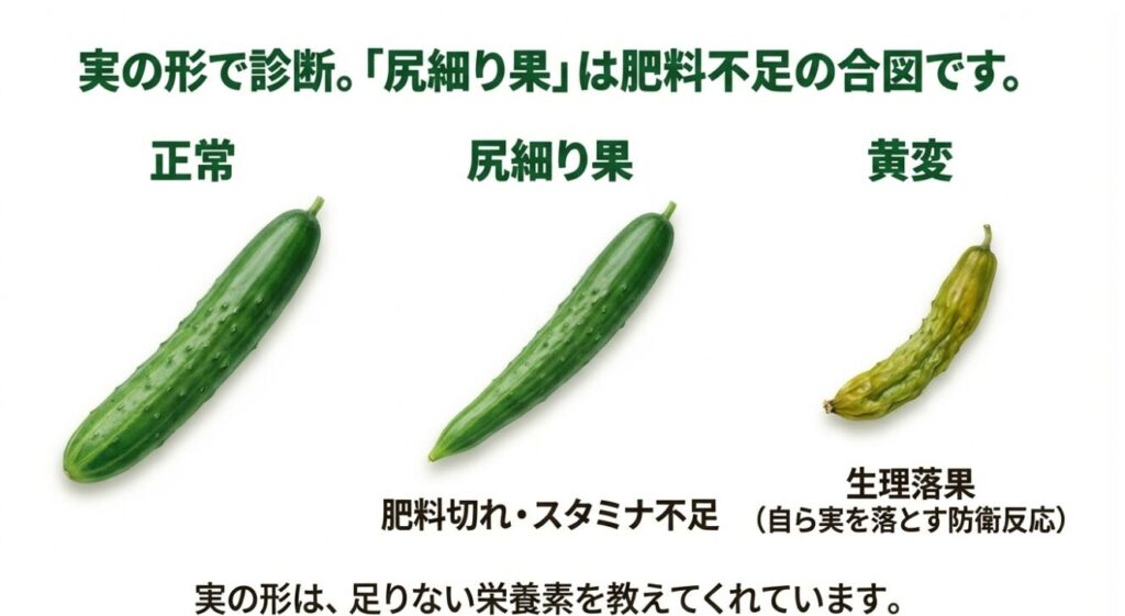 正常なキュウリと、肥料不足で先が細くなった「尻細り果」、黄変した実の比較イラスト