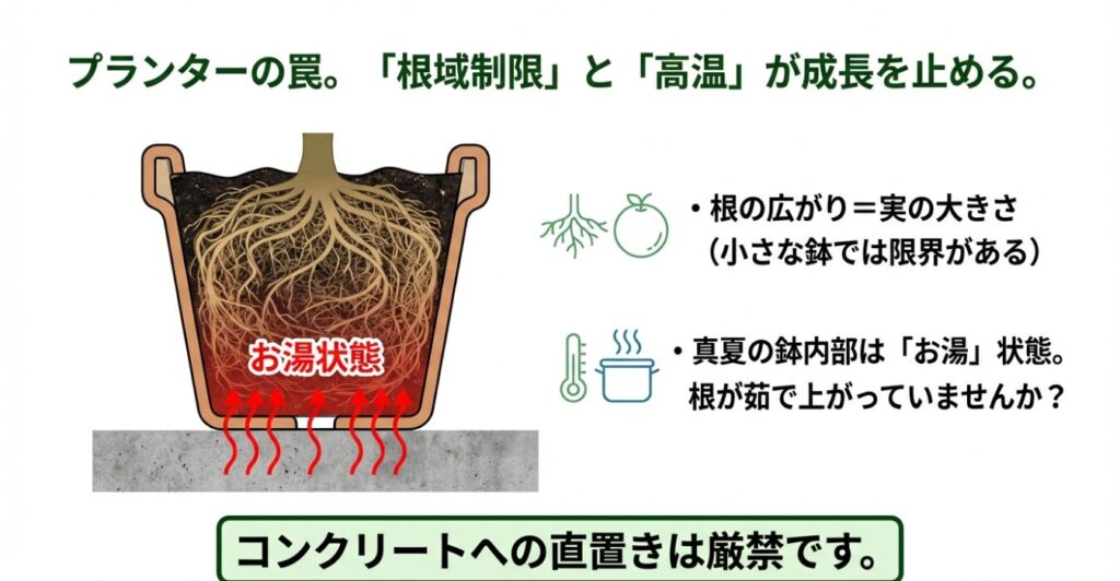 夏の直射日光でプランター内の水がお湯になり、キュウリの根がダメージを受けている様子の断面図イラスト