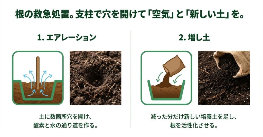 支柱で土に穴を開けて酸素を送るエアレーションと、新しい土を足して根を活性化させる手順のイラスト