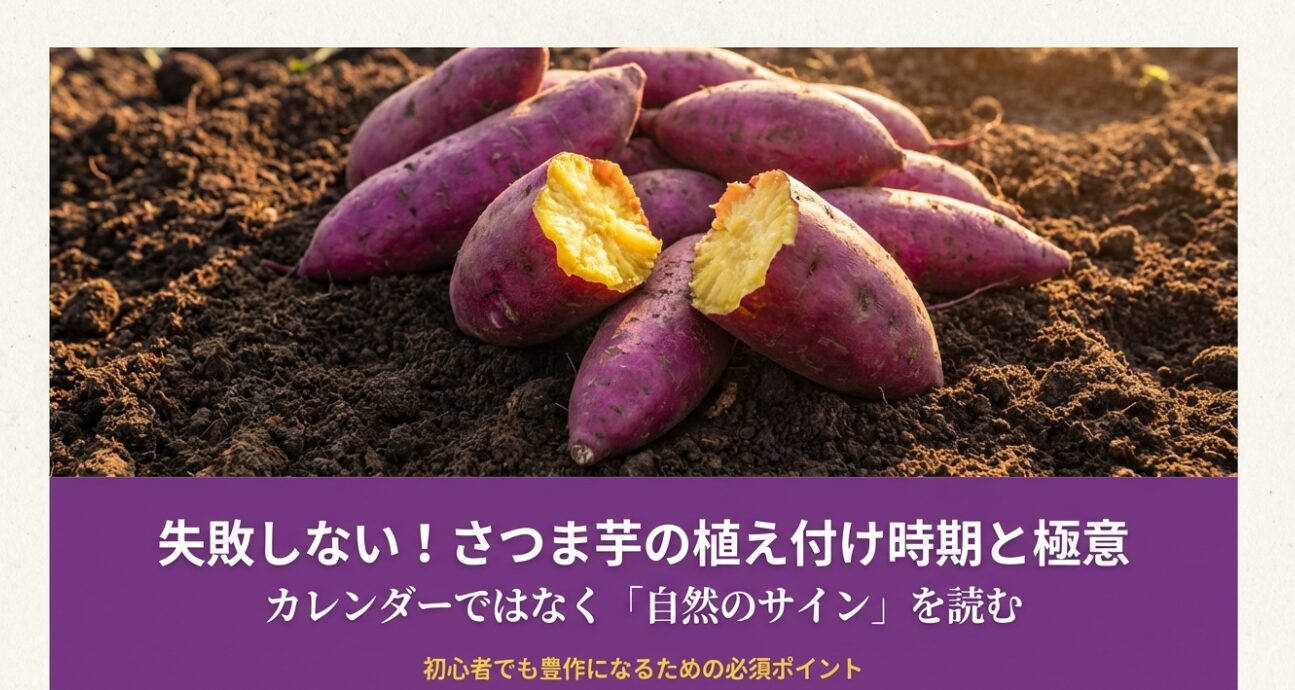 失敗しないさつま芋の植え付け時期と極意。カレンダーではなく自然のサインを読むことが重要というタイトルのスライド