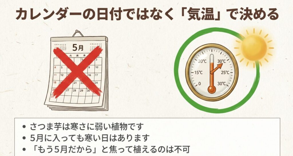 さつま芋の植え付けはカレンダーの日付ではなく気温と太陽のサインで決めるべきであることを示すイラスト
