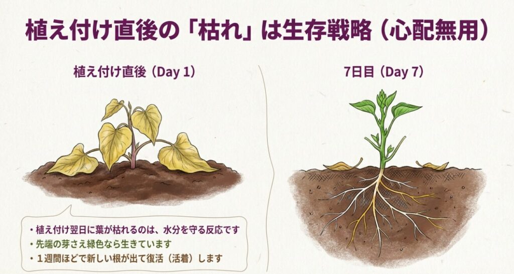 植え付け直後（Day1）に葉が枯れるのは水分を守るための生存戦略であり、7日後（Day7）には復活することを示す比較イラスト