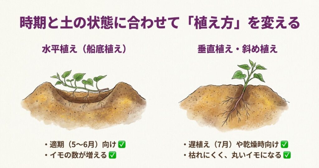 さつま芋の水平植え（船底植え）と垂直植え・斜め植えのイラスト。時期や土の状態による使い分けを図解