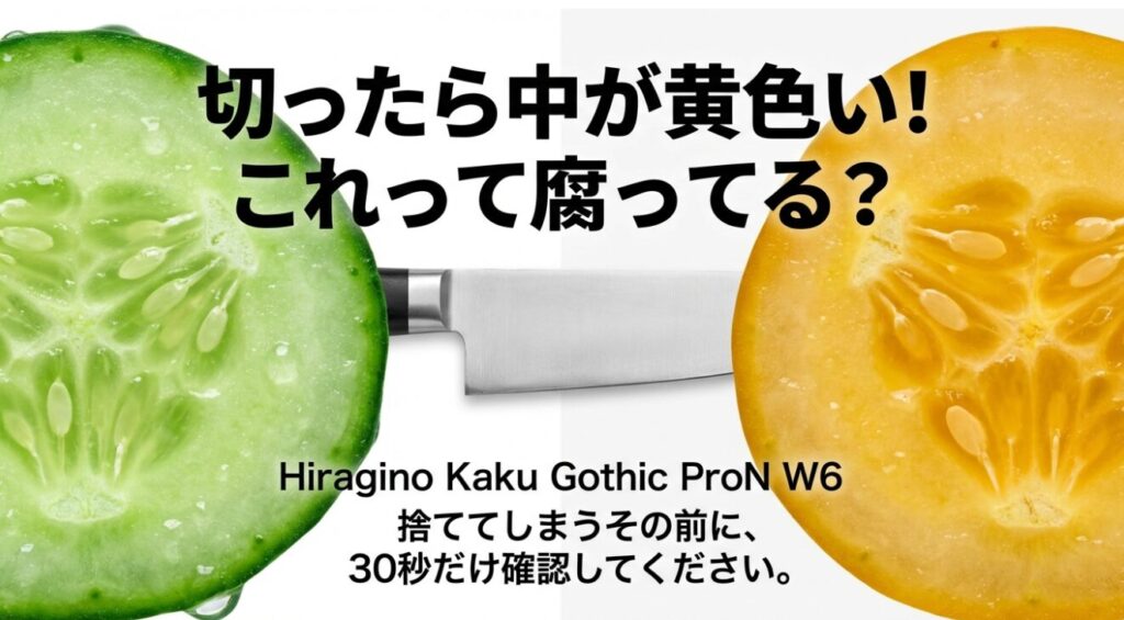 切ったきゅうりの中が黄色い断面写真と「これって腐ってる？」という疑問、30秒で確認を促すスライド資料