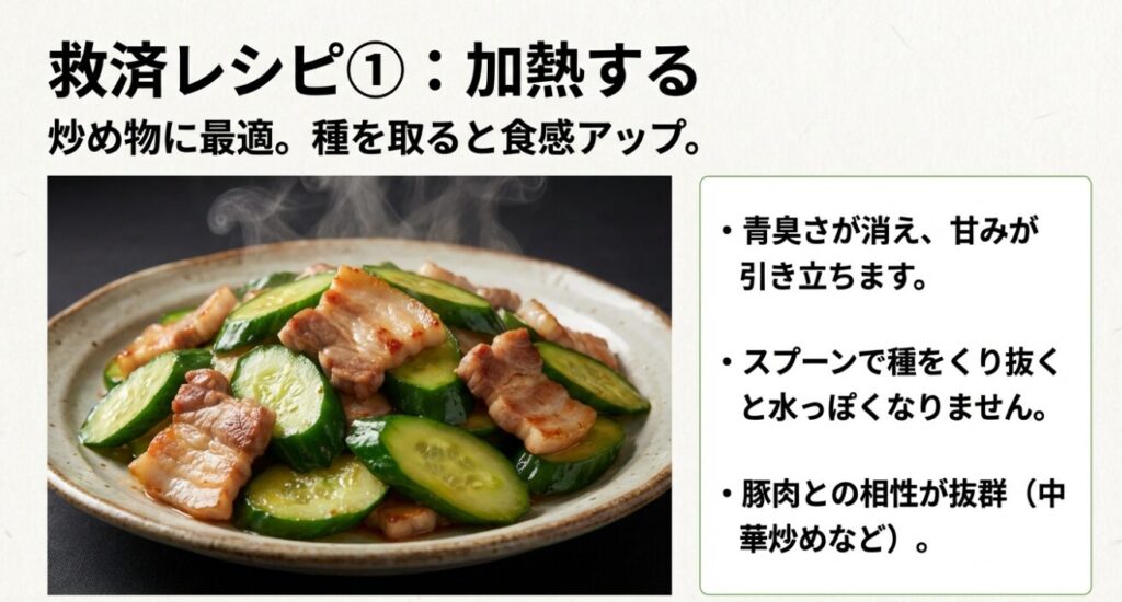 黄色いきゅうりの救済レシピ。豚肉ときゅうりの中華炒めの写真と、種を取って加熱することで美味しくなるポイント