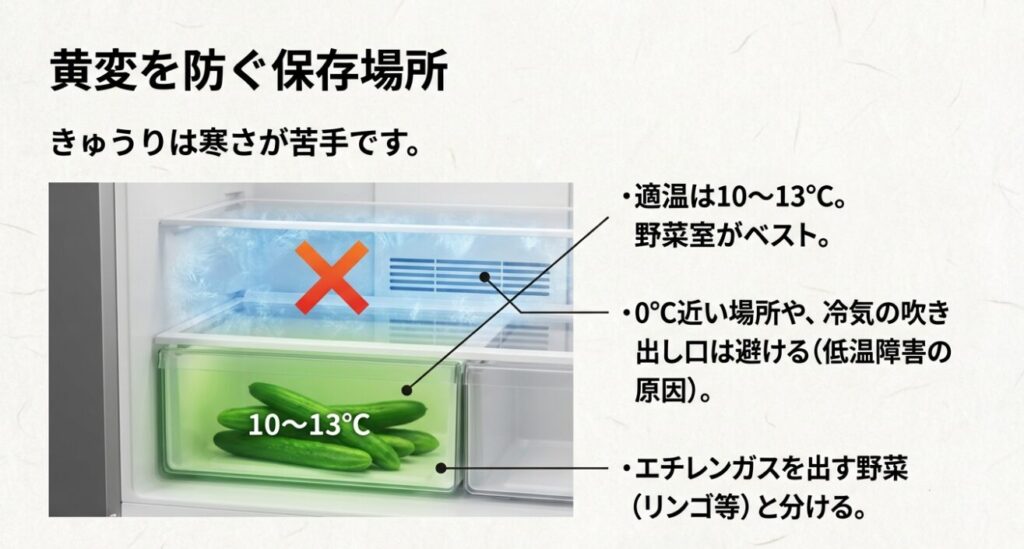 きゅうりの黄変を防ぐ保存場所について。適温は10〜13度であり、冷気やエチレンガスを避けるべきという図解