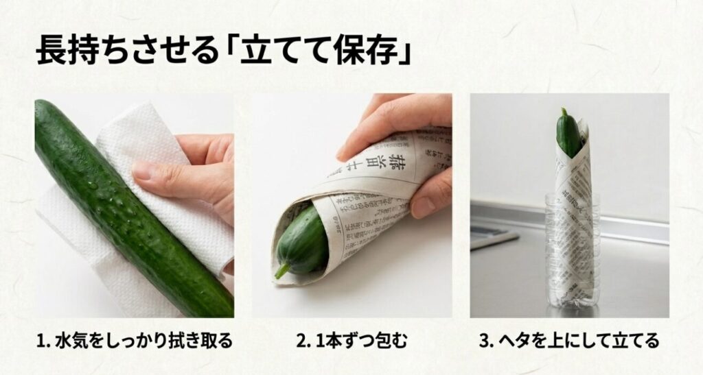 きゅうりを長持ちさせる立てて保存する方法。水気を拭き取り、紙で包んでペットボトルなどに立てる手順写真